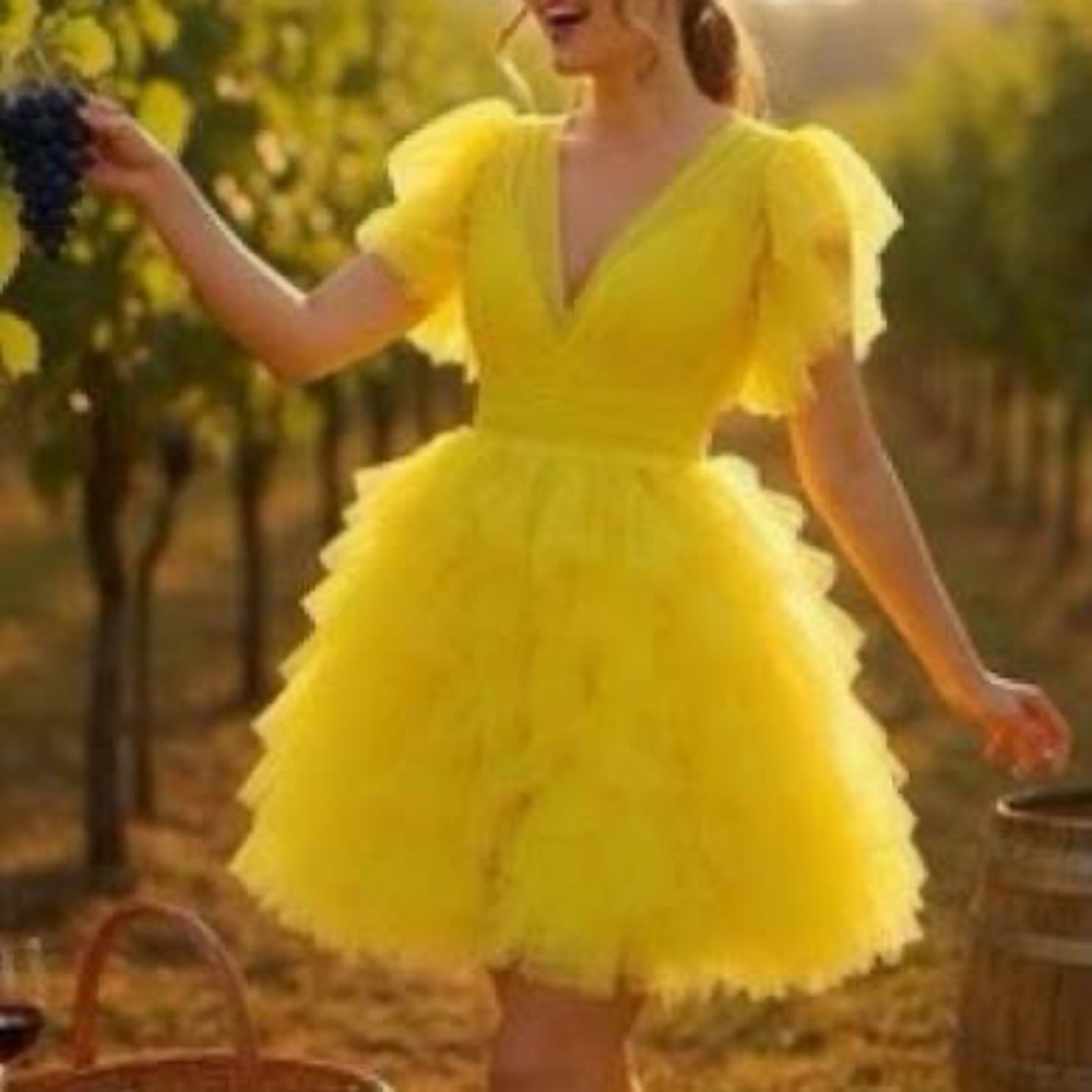 MAC DUGGAL Yellow Flutter Ruffle  Tiered Mini Dress